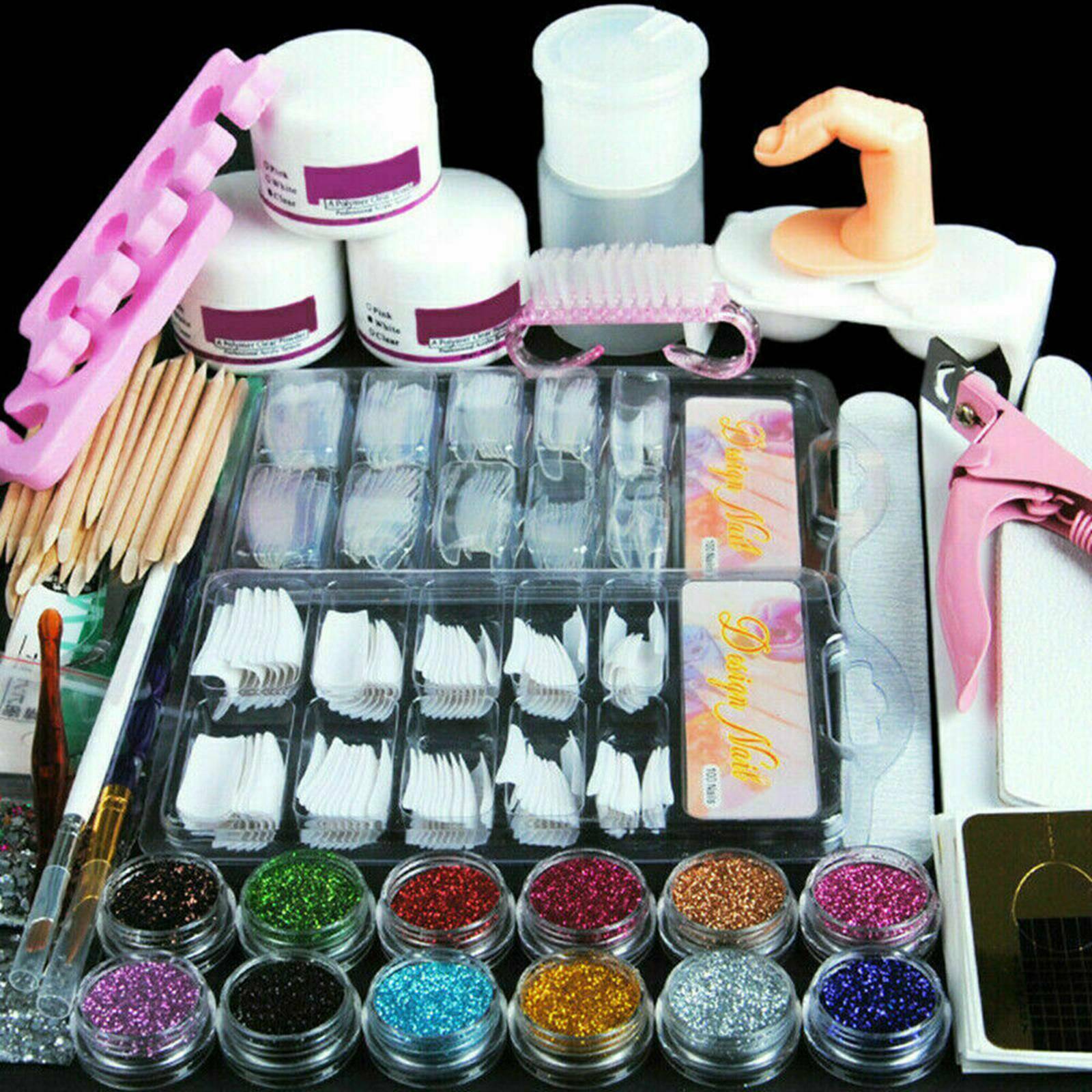 Acrylic Powder Nail Art Tool Starter Kit Nails Tips Brush File Form DIY Kit