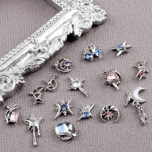16 Styles Luxury Moon Star Nail Charms for Acrylic Nails Alloy Rhinestone Star
