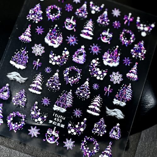 1 Sheets Purple Christmas Nail Art Stickers Embossed Xmas Snowflake Nail Wen-21