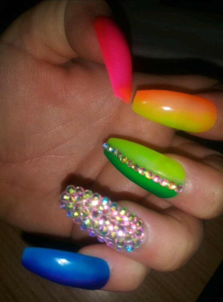 Rainbow ombre bling nails coffin PRESS ON NAILS neon crystal pride nails