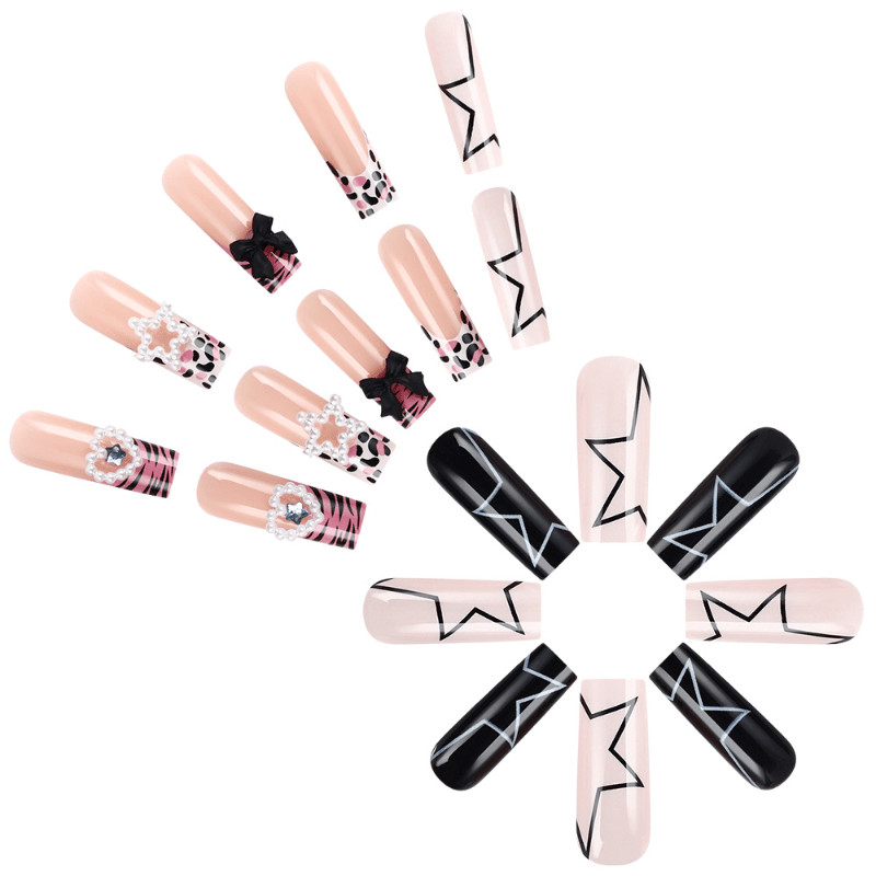 48Pcs Long Black Pink Leopard Star Press on Nails Casual Daily Trendy Nails