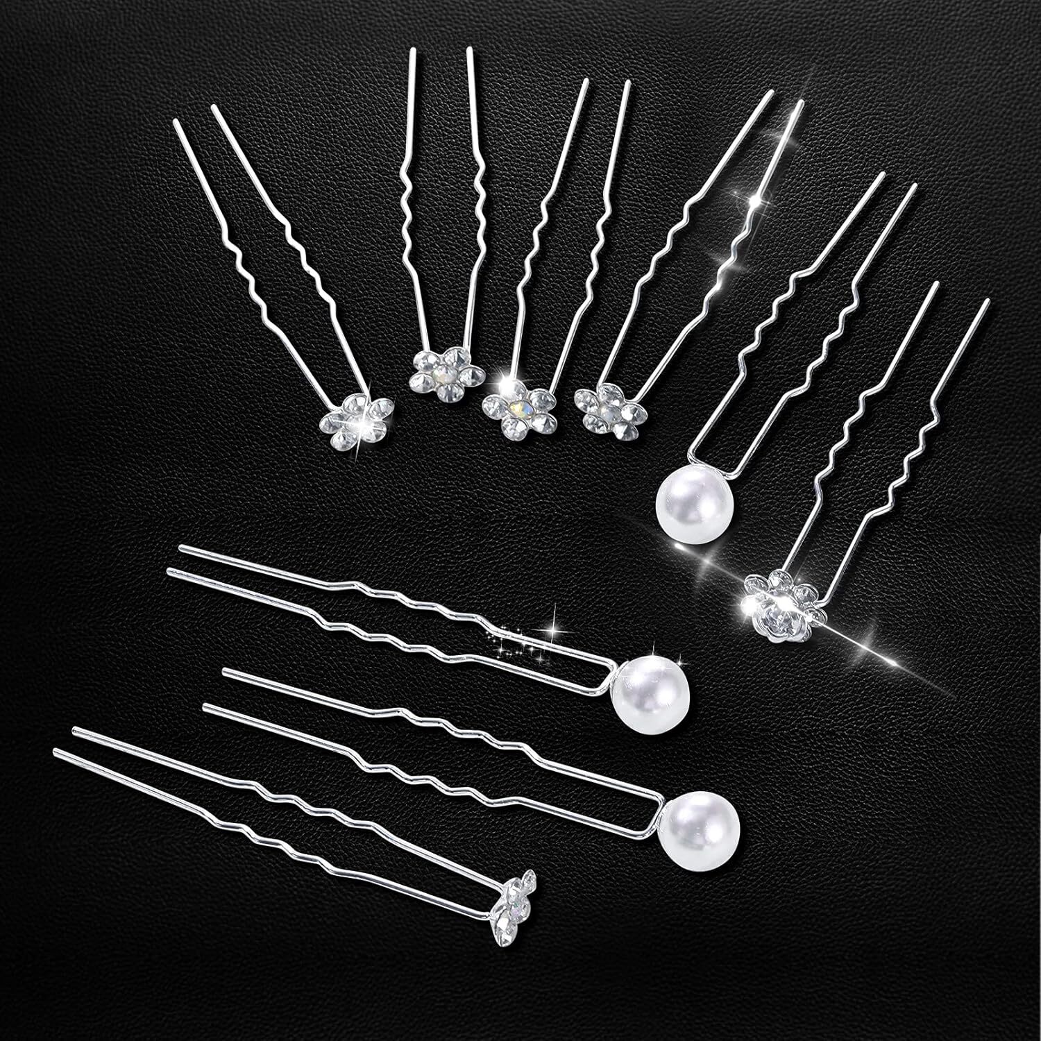 60 Pieces Bridal Wedding Hair Pins Pearl U Shape Rhinestone Silver