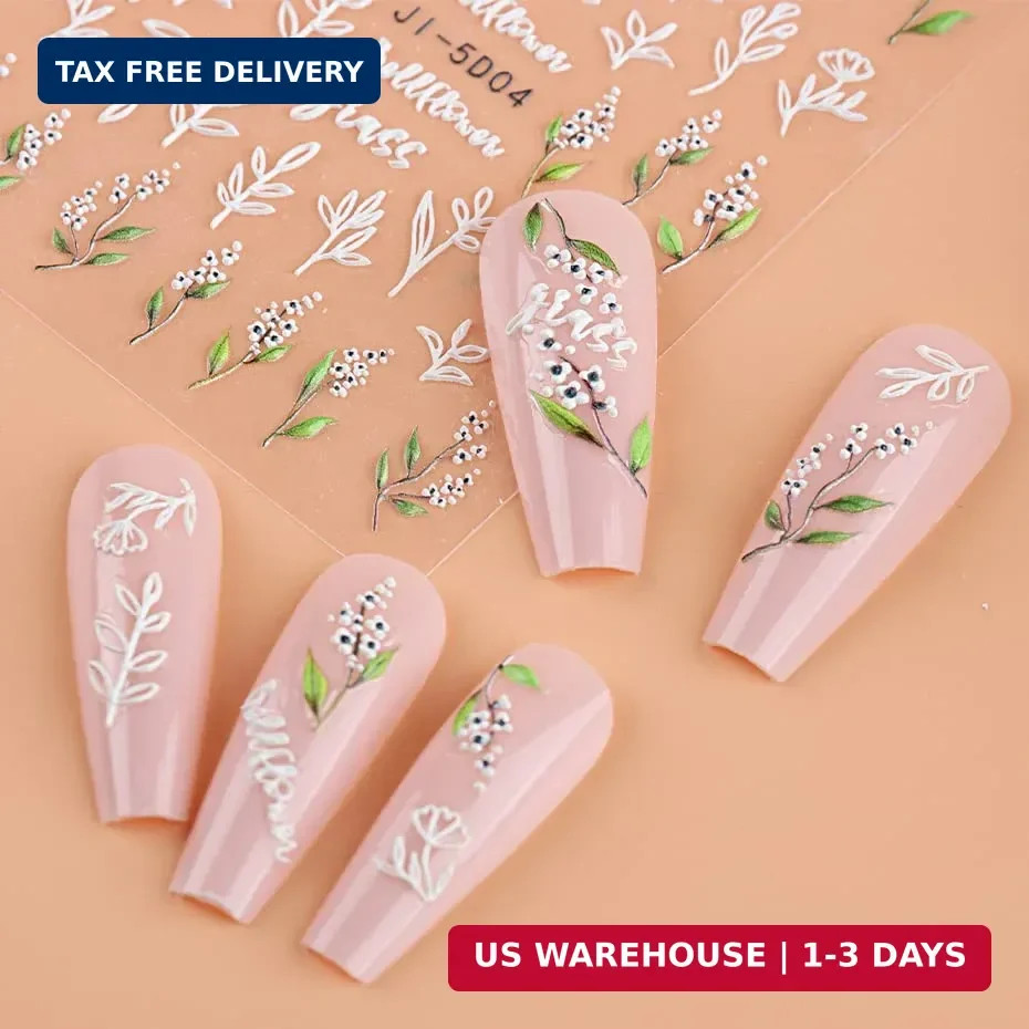 3D Embossed Flower Leaves Nail Art Stickers Decals 4 Sheets 5D Self-Adhesive Peg