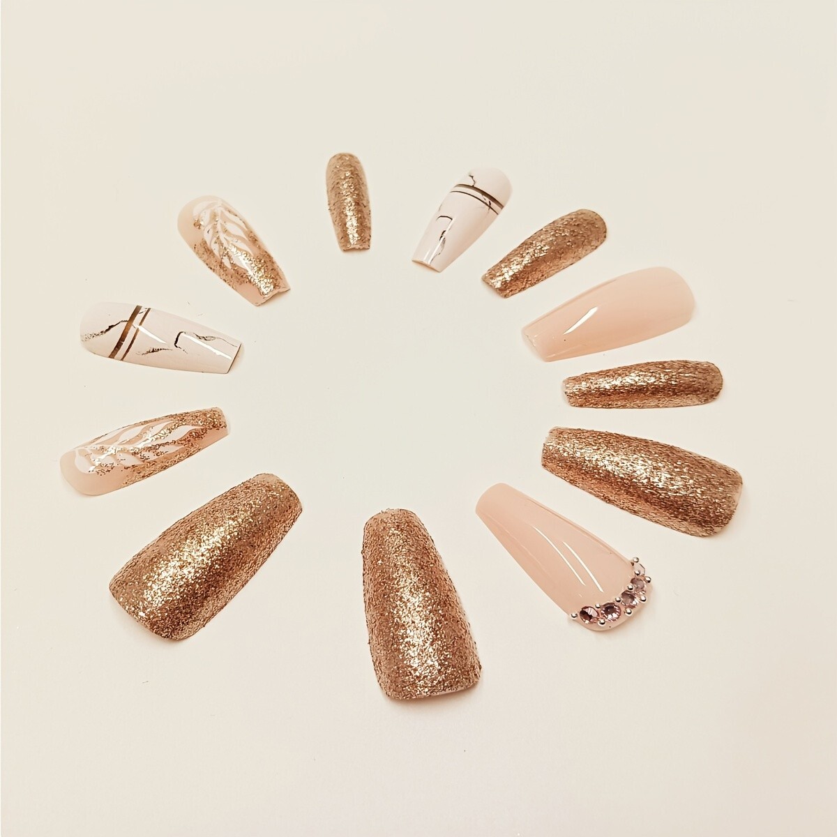 Long Coffin Shaped Full Cover Glitter Press On Nails – Leaf Design, Ballet Style