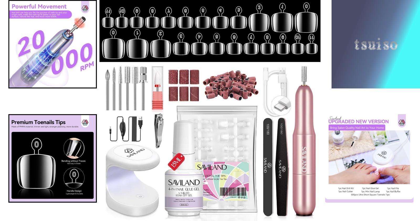 All-in-One Toenail Tips & Gel Kit – 500 Soft Gel Tips with Portable Nail Lamp