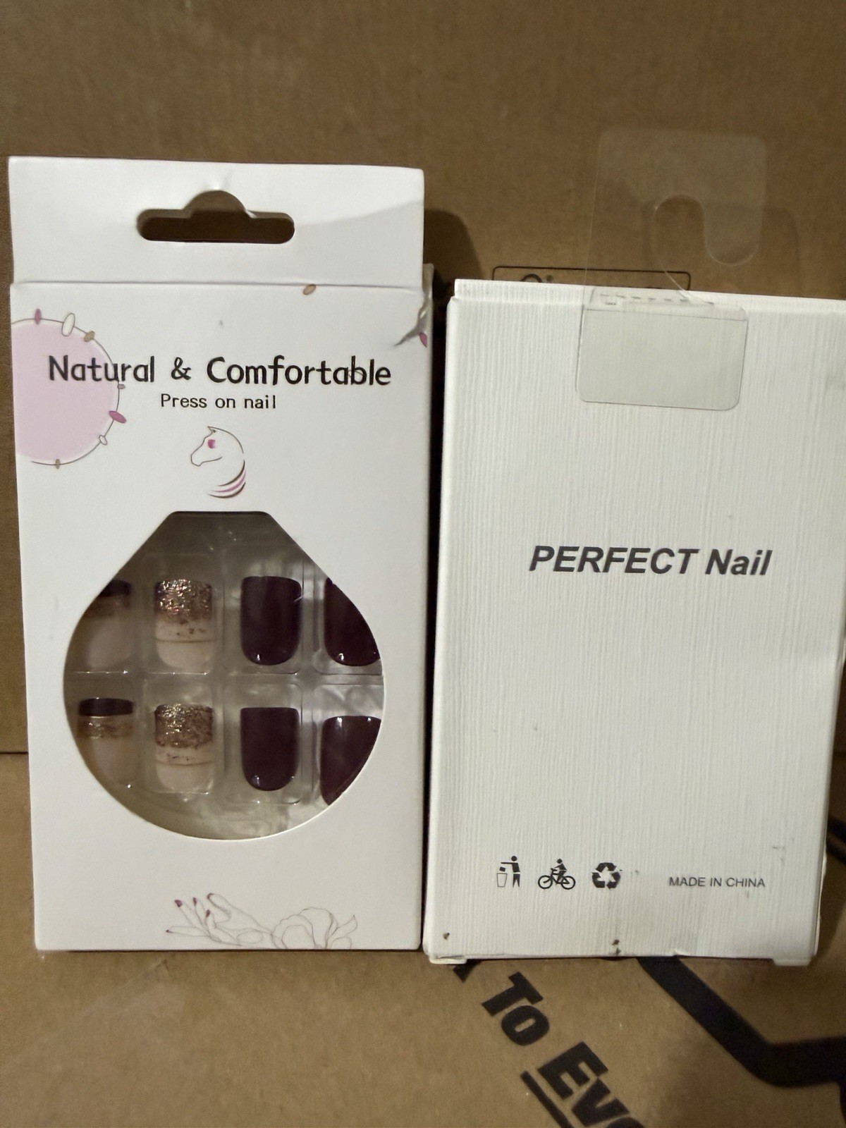 Press-On Nails Burgundy Beige Gold Glitter Square Short Pre-Designed PVC