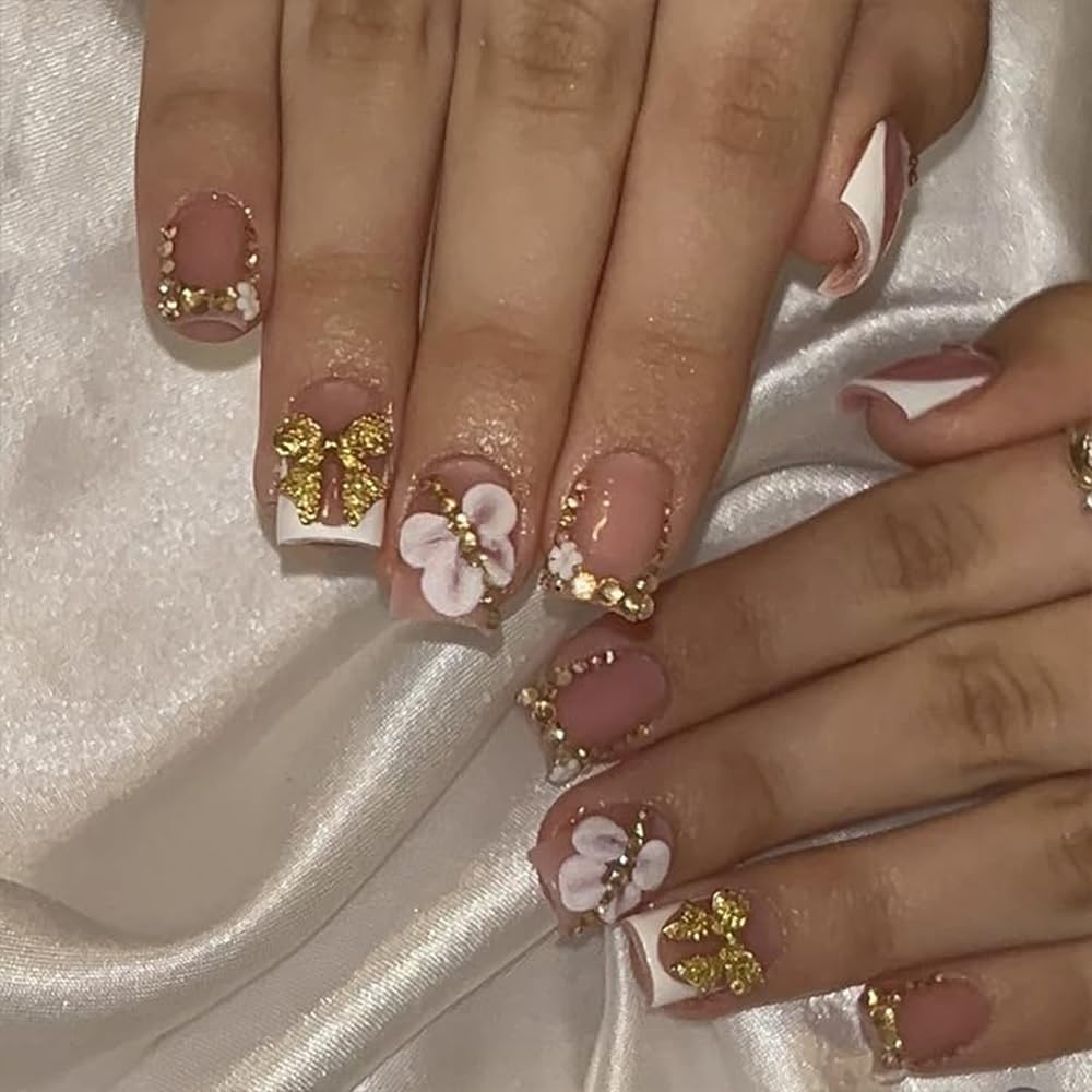 French Tip Press on Nails Short Square Fake Nails with Gold Butterfly Rhinest…