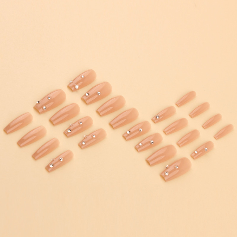 48pcs Long Taper Press on Nails, Nude Clear Mixed Rhinestone Gloss Wedding Nails