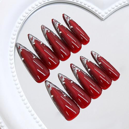24Pcs Wine Red Press on Nails Long Pointed Wine Red Irregular Silver Style 22
