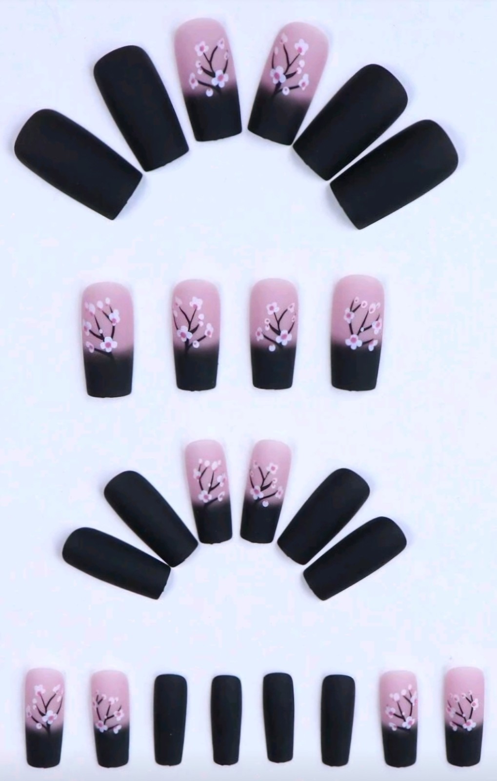Press-On Nails Cherry Blossom Black Pink Ombre Medium/Long Coffin Matte Finish