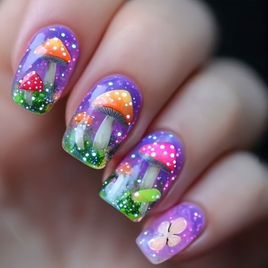 24pcs Medium Ballet Nails Purple Blue Floral with Mushroom Sea Plant Design