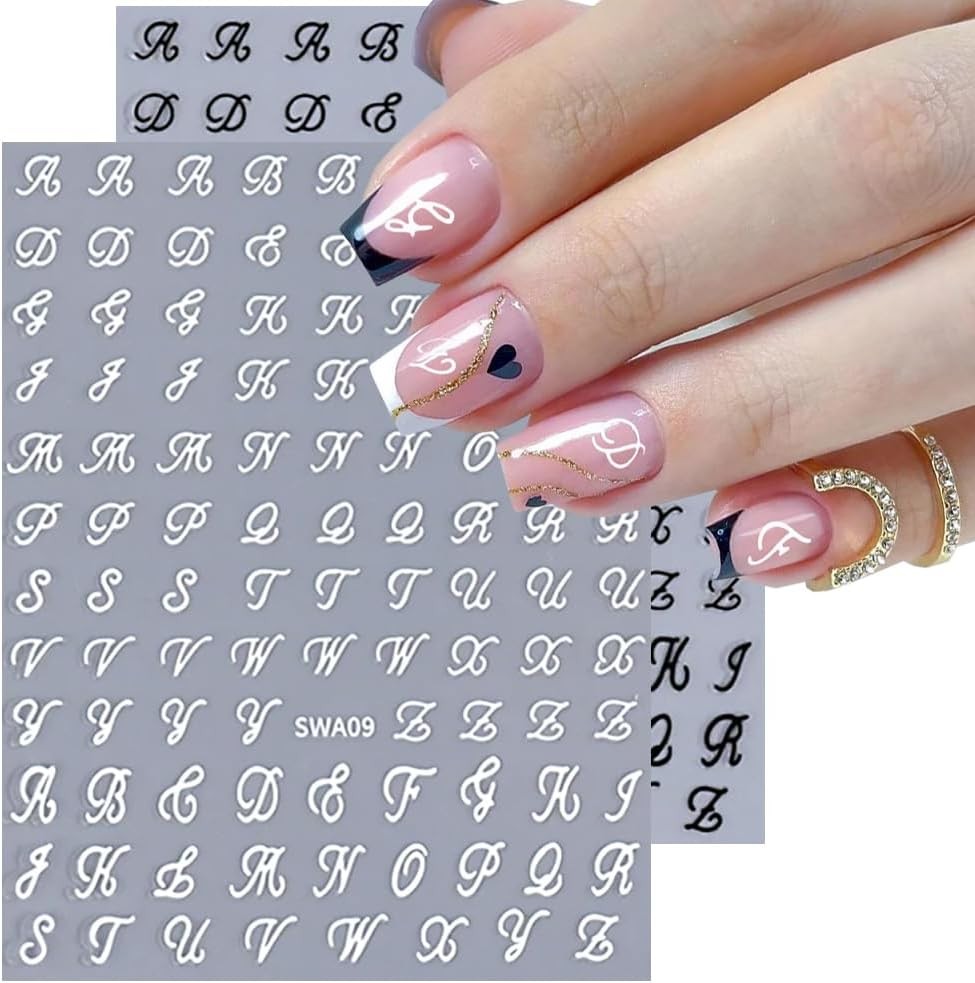Letter Nail Stickers, 8 Sheets Old English Gold, Silver, Black and White