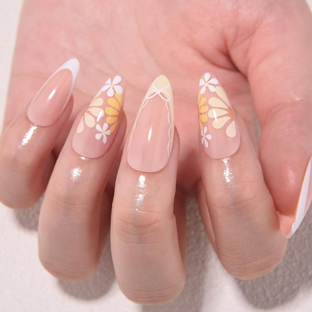 evpct Nude Yellow Flower Short Almond Press On Nails