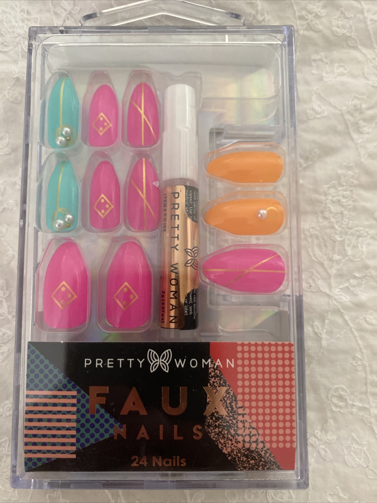 Pretty Woman Faux Nails Pink Teal Pearl Bling Glue On Almond Summer 24