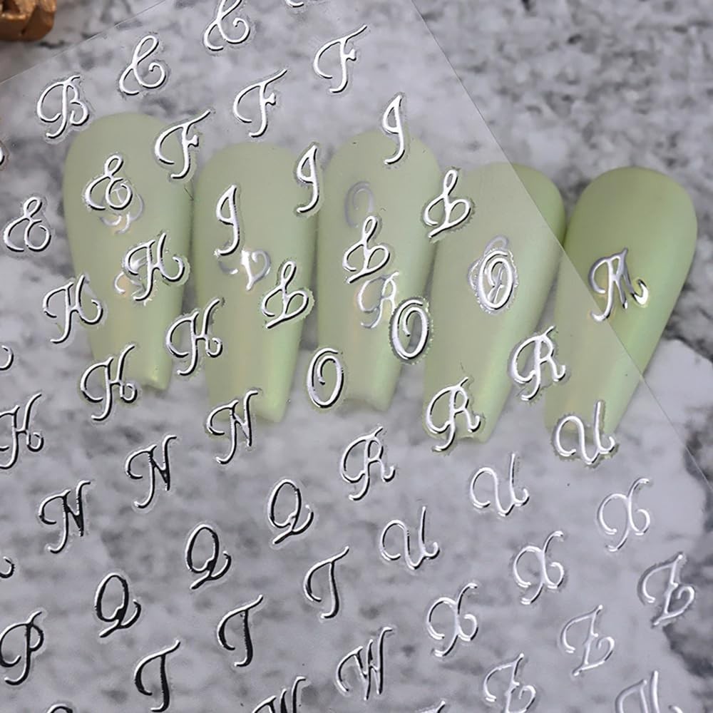 Letter Nail Stickers, 8 Sheets Old English Gold, Silver, Black and White