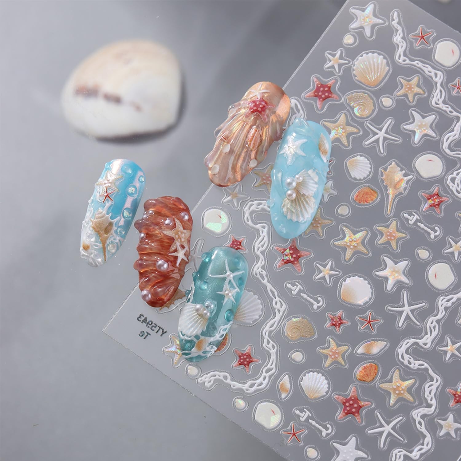 Summer Nail Stickers Decals 3D Ocean Self-Adhesive Starfish, Shells, Conch, P…