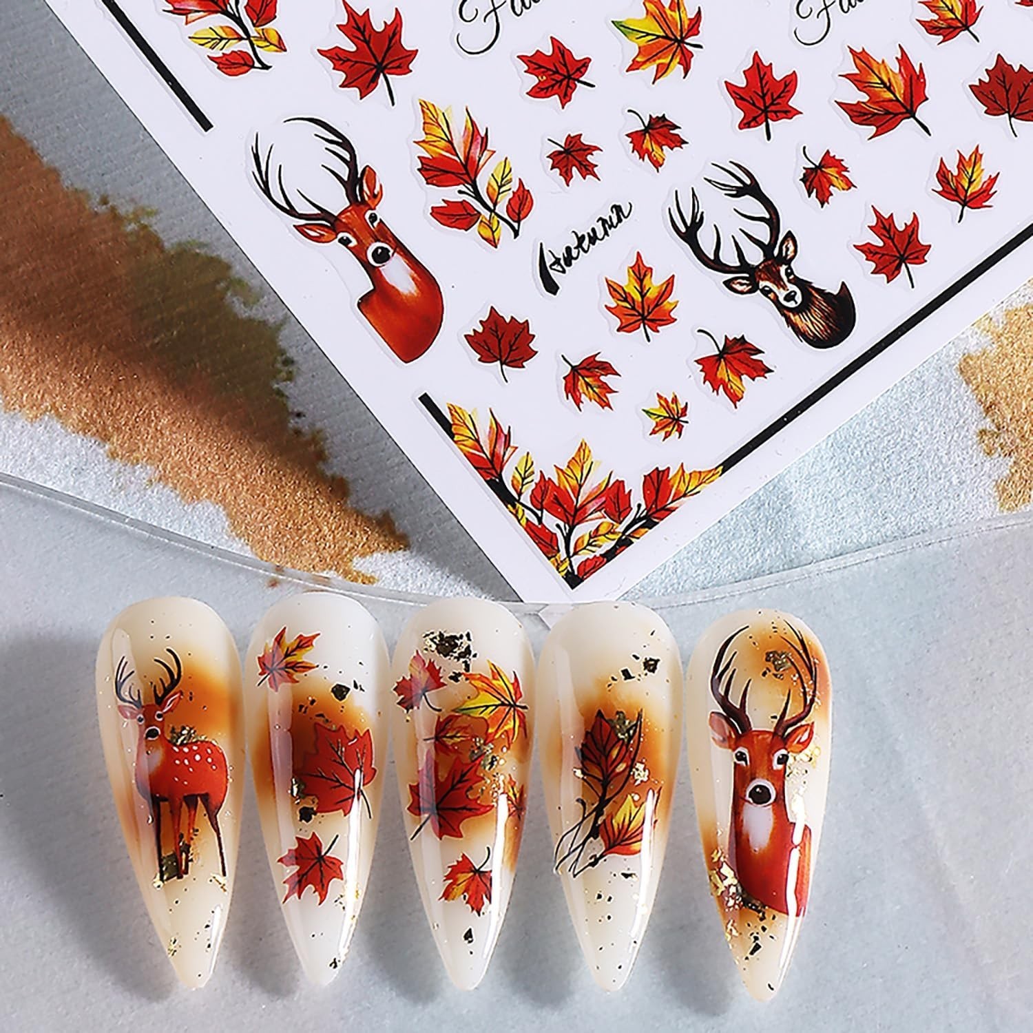 Fall Nail Stickers Maple Leaf Nail Decals 6PCS 3D Self-Adhesive Leaves Deer N…