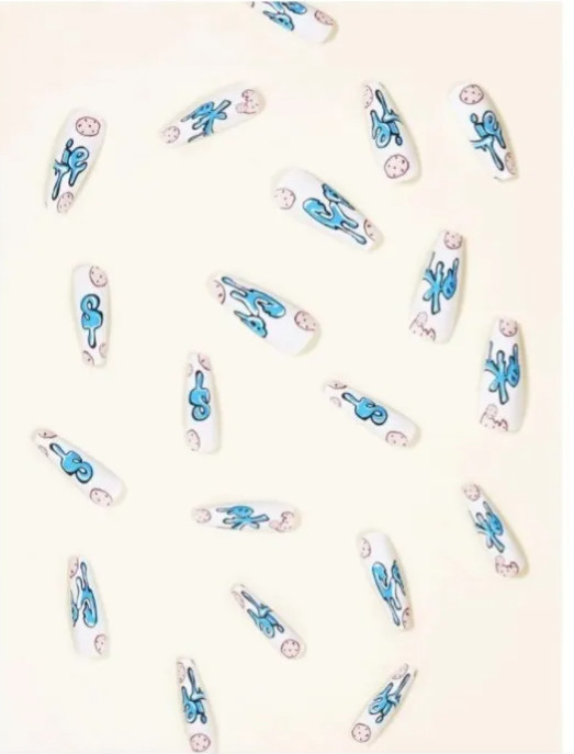 24 Pcs Press-On Nail Long Coffin Glossy – Pink & Blue COOKIES – Chocolate Chips