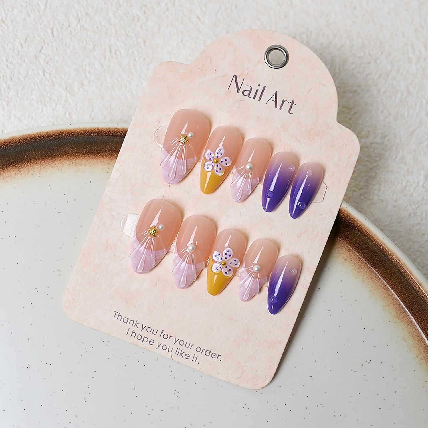 24Pcs Summer Beach Press on Nails Medium Almond Fake Nails Purple French Tip wit