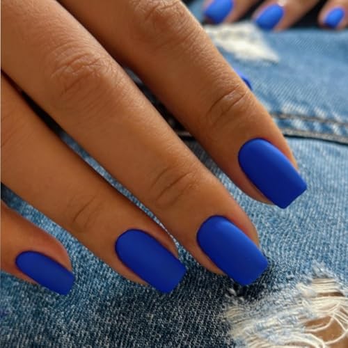 Matte Dark Blue Press on Nails Short Medium Square, Neutral matte dark blue