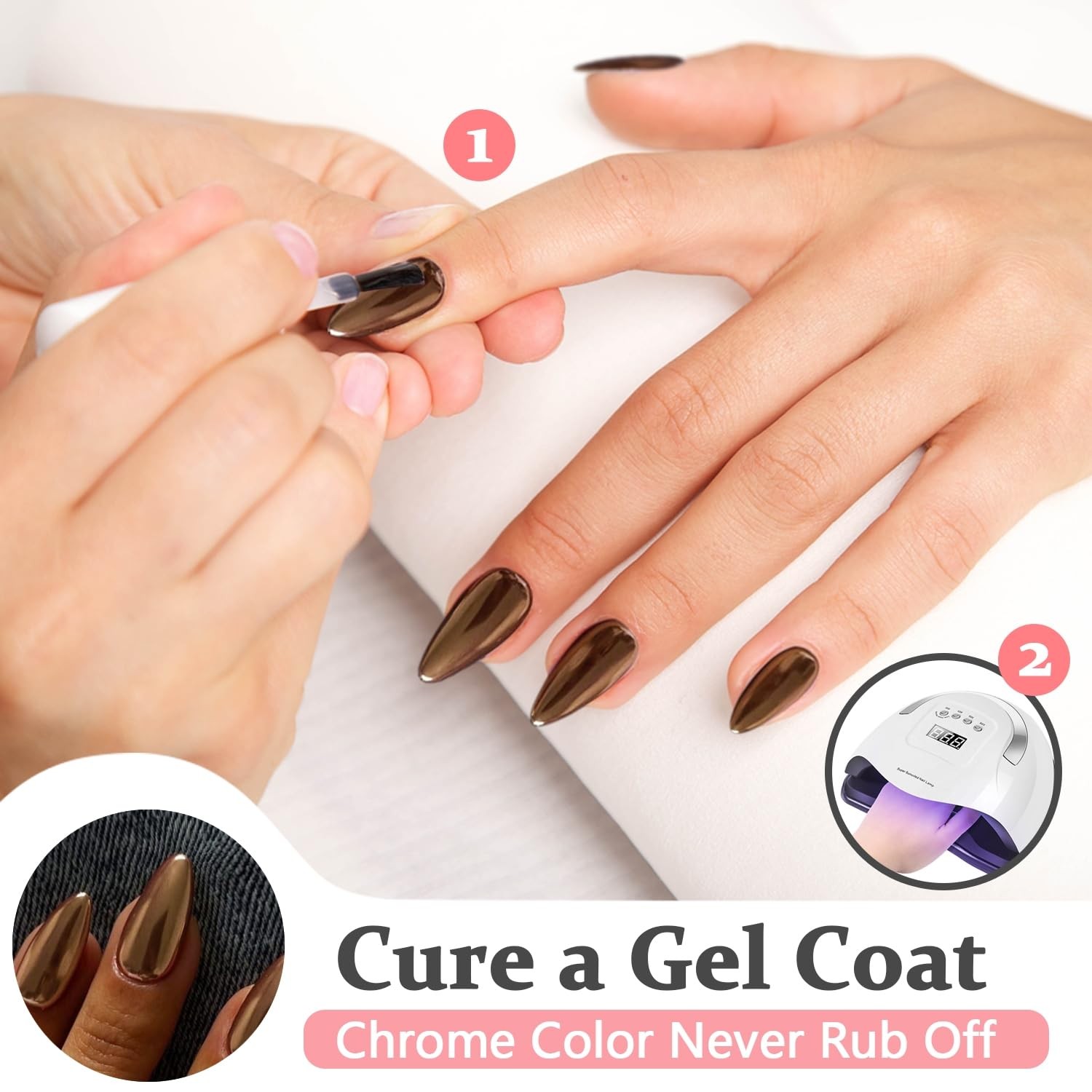 Bronze Chrome Press on Nails Medium Almond, Metallic Brown Acrylic Fake Nails…