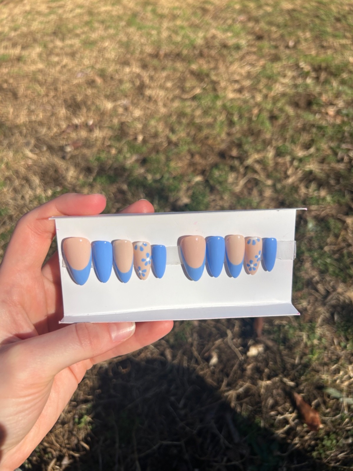 Handmade Bluish Purple Almond Press On Nails, Medium Length with Flowers
