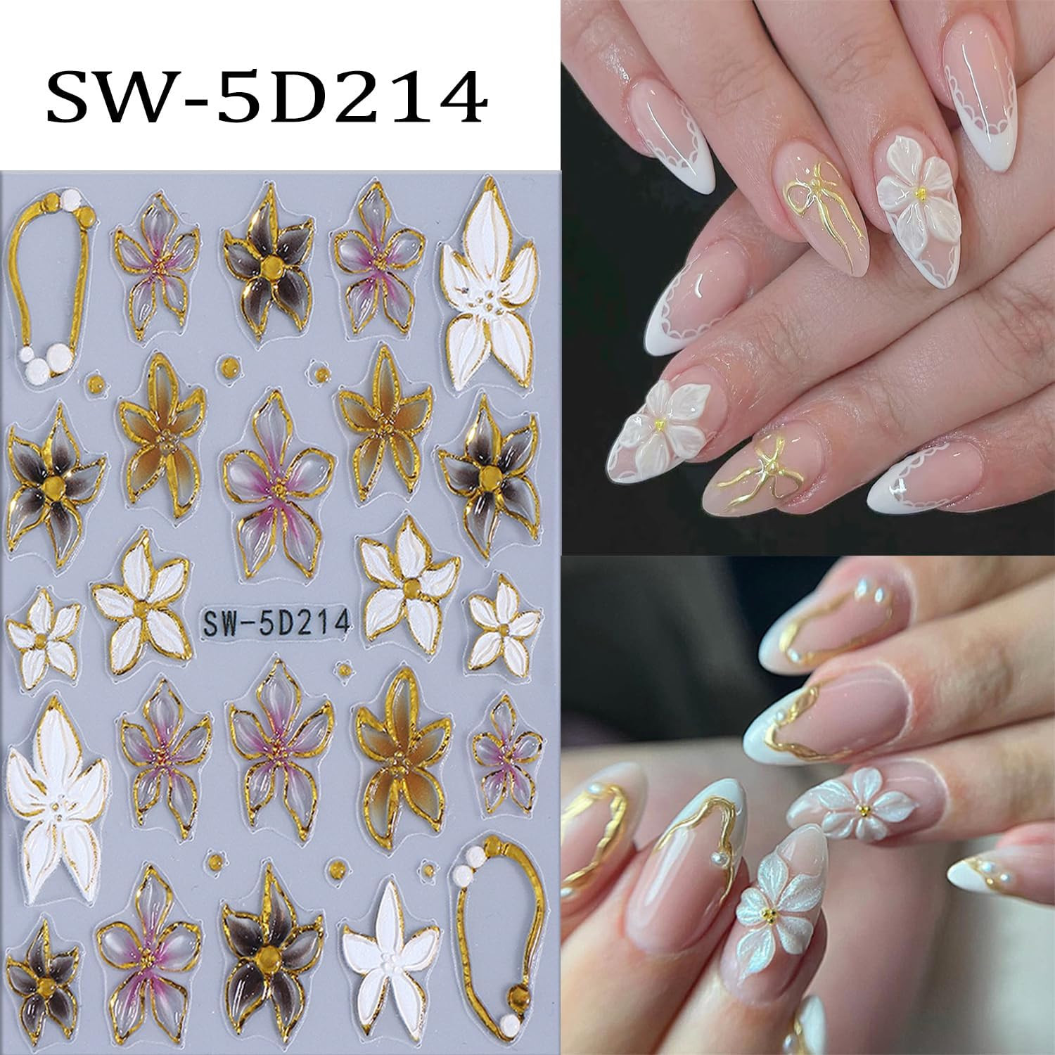 5D Embossed Gold Line Flower Nail Stickers – 2 Sheets Self-Adhesive Pink Floral