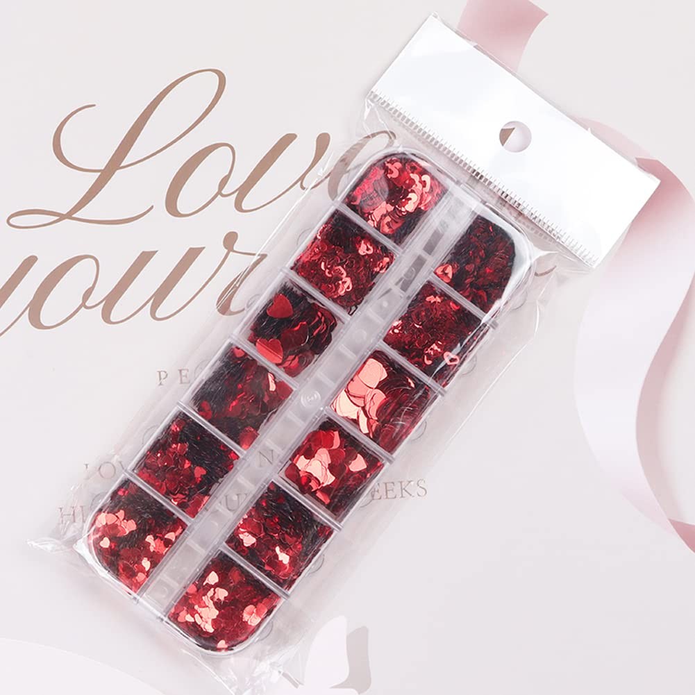 12 Grids Valentines 3D Heart Nail Glitter Sequins for Nail Art Decoration