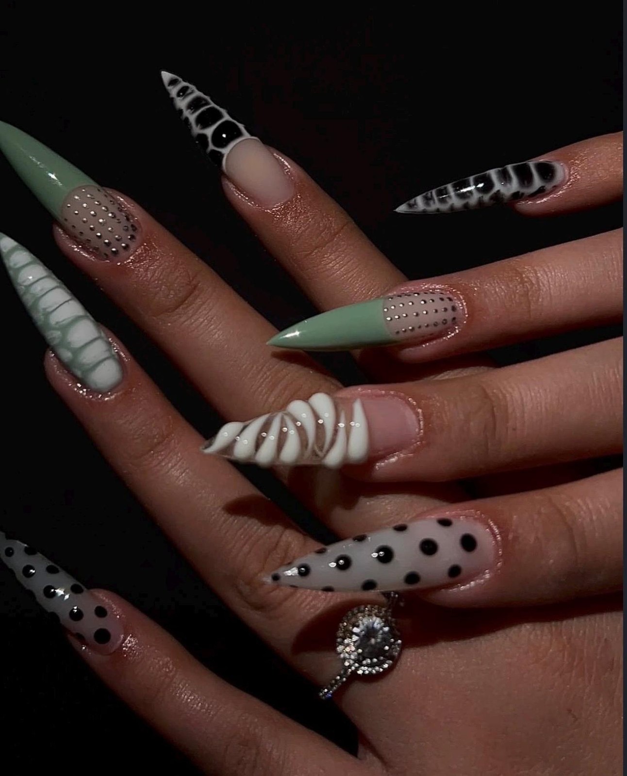 Handmade Sage Green Black Cow Print Dot Rhinestone Long Stiletto Press On Nails