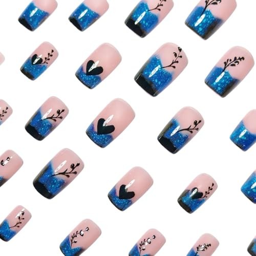 Blue Gradient French Tip Press on Nails Short Square Shaped False Style 14