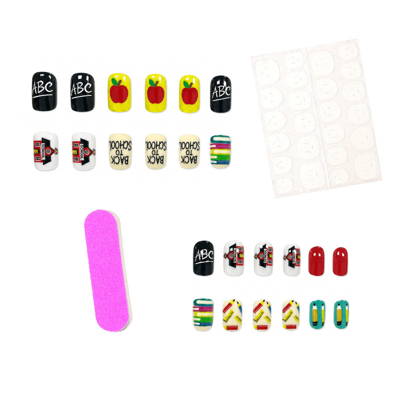 48pcs Short Square Press on Nails, Back To School Apple Pencil Cartoon Nail Art