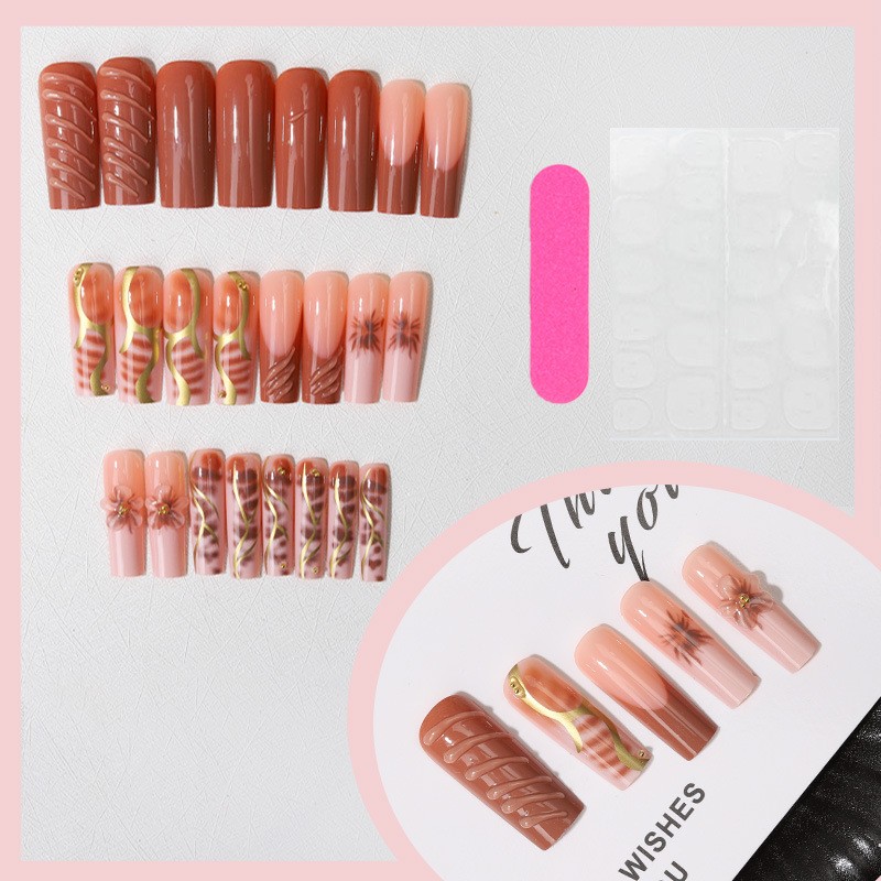 48 Pcs Gold Line Floral Coffin Press on Nails, Elegant Autumn Trendy Fake Nails