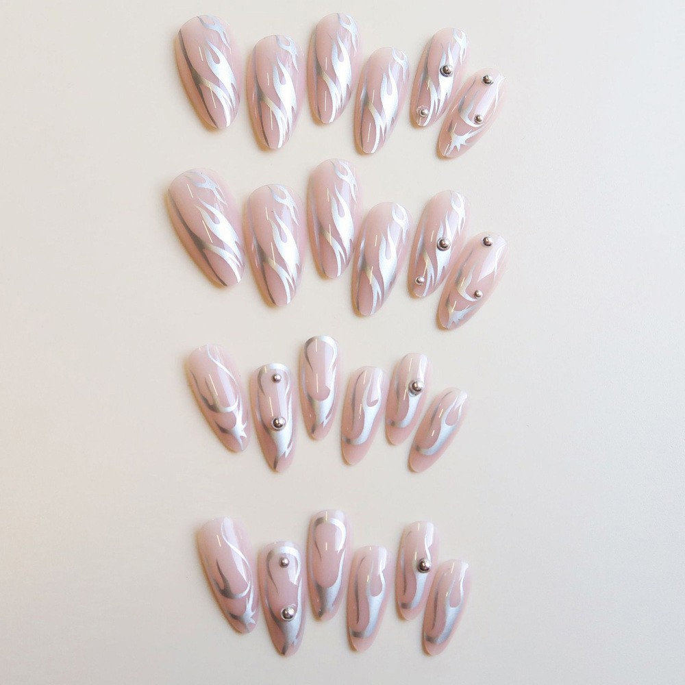 Silver & Pink Almond False Nails Non-Toxic Odorless Not Hurt to Hands Nails
