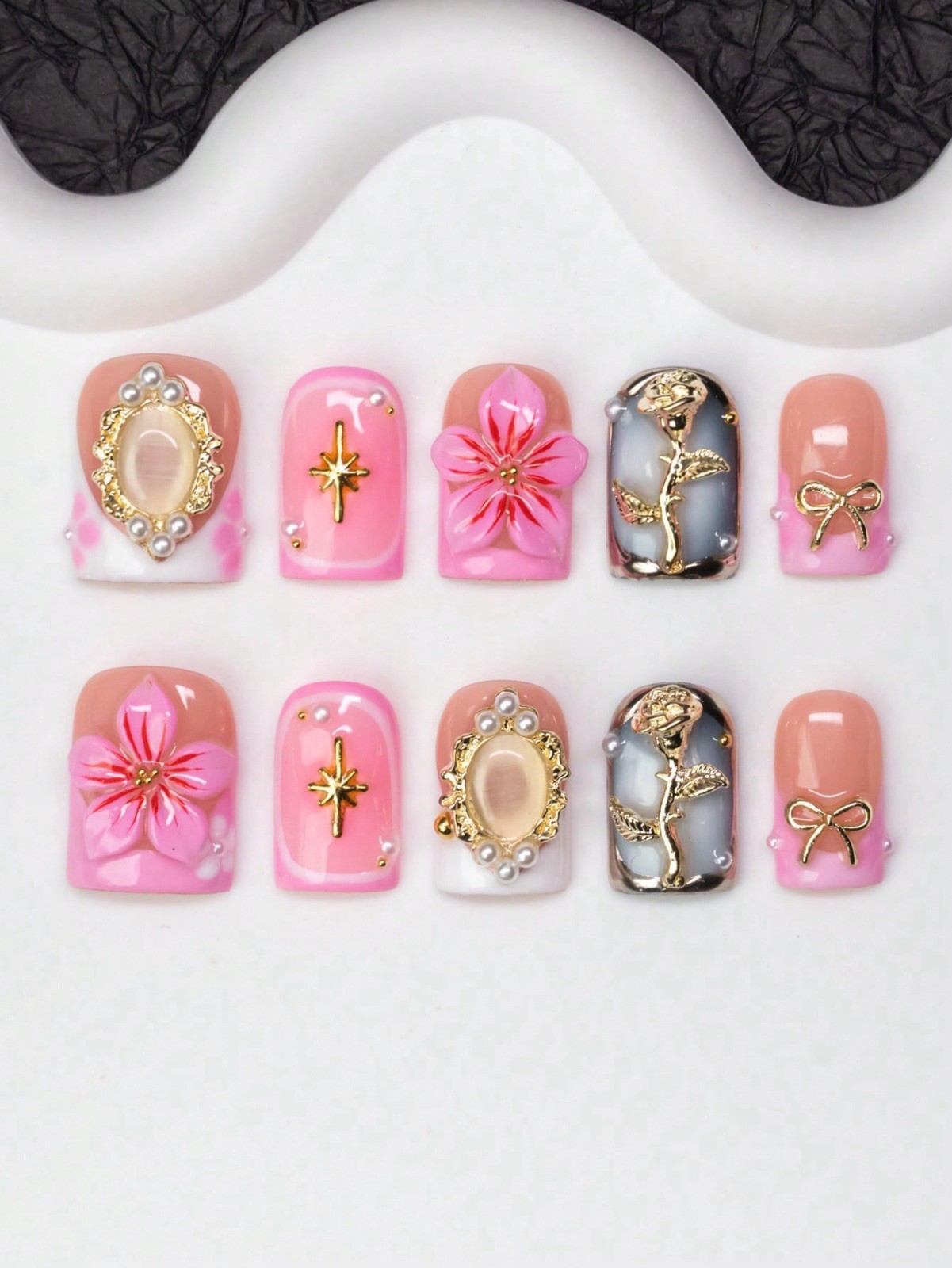 3D Pink Gold Floral Bow Pearl Square Press-On Nails Set Acrylic Full Cover