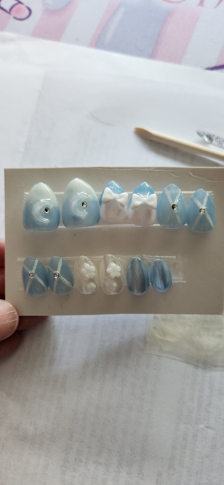 Hand Painted “Blue Princess” Extra Short Almond Length Press On Nails (size M)