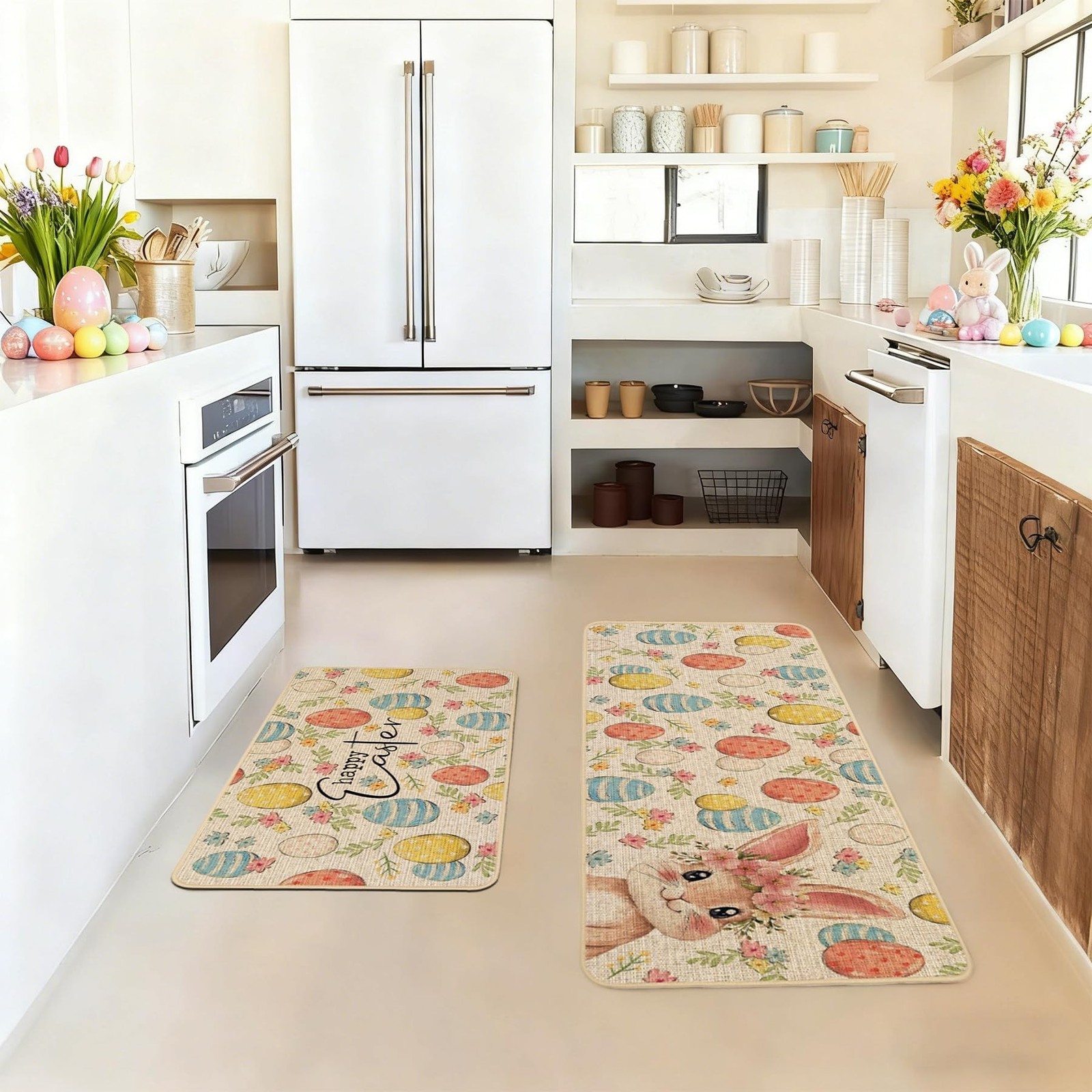 Baccessor Easter Kitchen Rugs Set of 2, Bunny Colorful Eggs Floral Kitchen Ma…