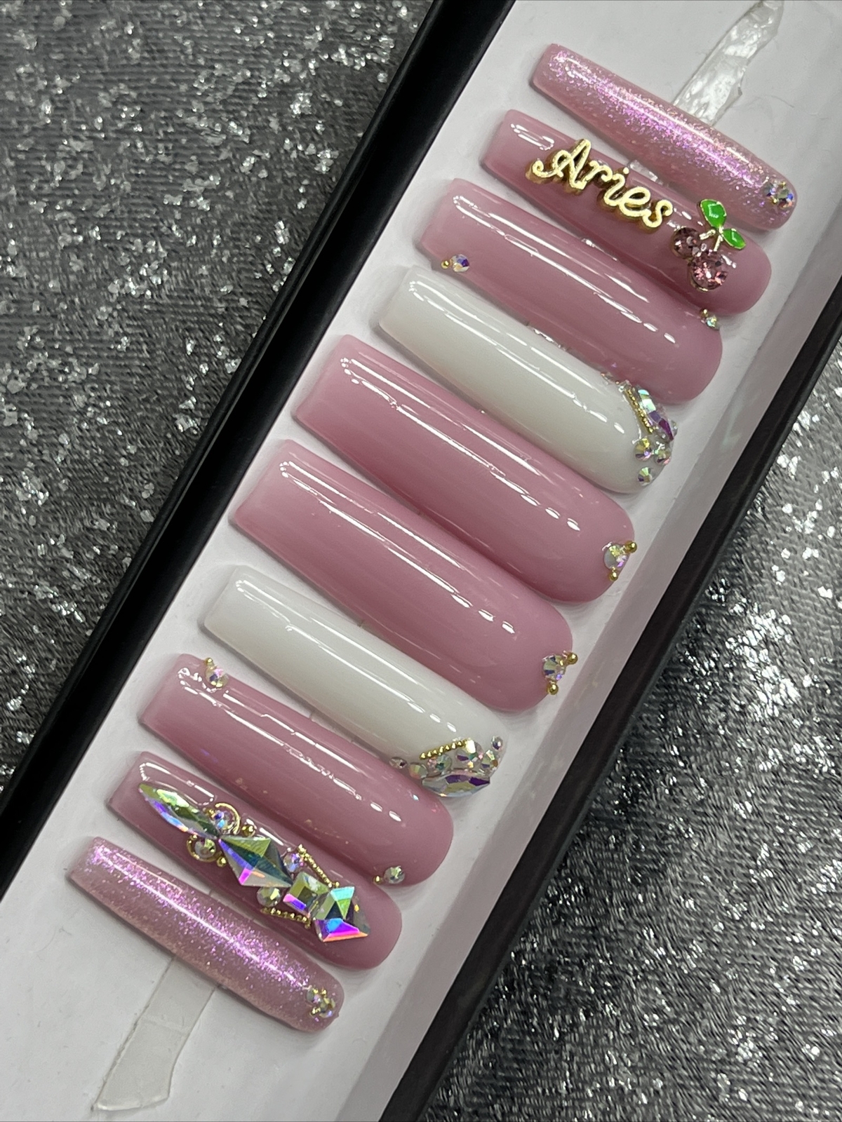 🍒 CUSTOM Gel Press On Nails, LILAC BLING ARIES , 10p FULL SET W Kit LONG SQUARE