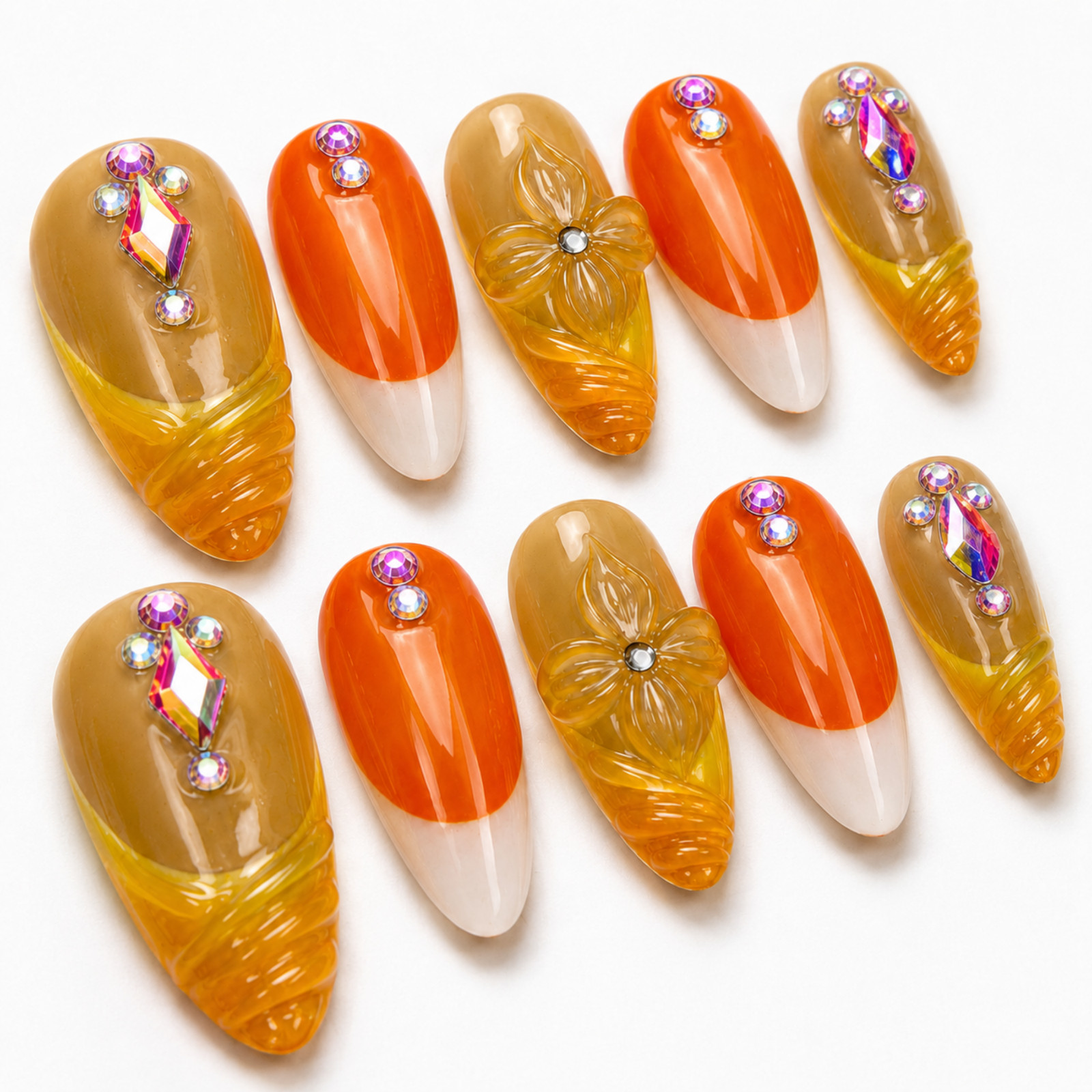 Handmade Orange Yellow 3D Floral Rhinestone Press On Nails Set