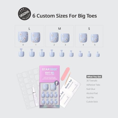 Press On Toenails Short – 3D Flower Pastel Square Design, Easy Application, 30 N