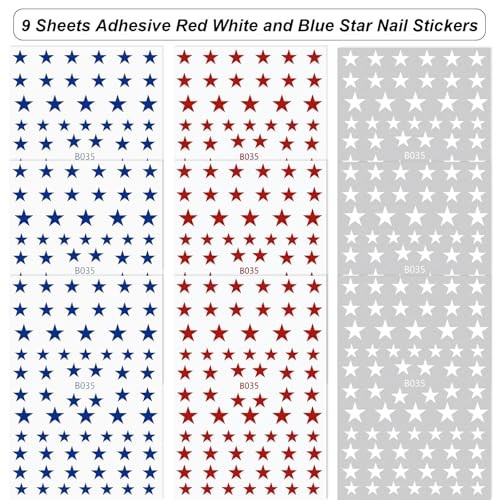 9 Sheets Star Nail Stickers 4th of July Nail Stickers, Red White and Blue 3D