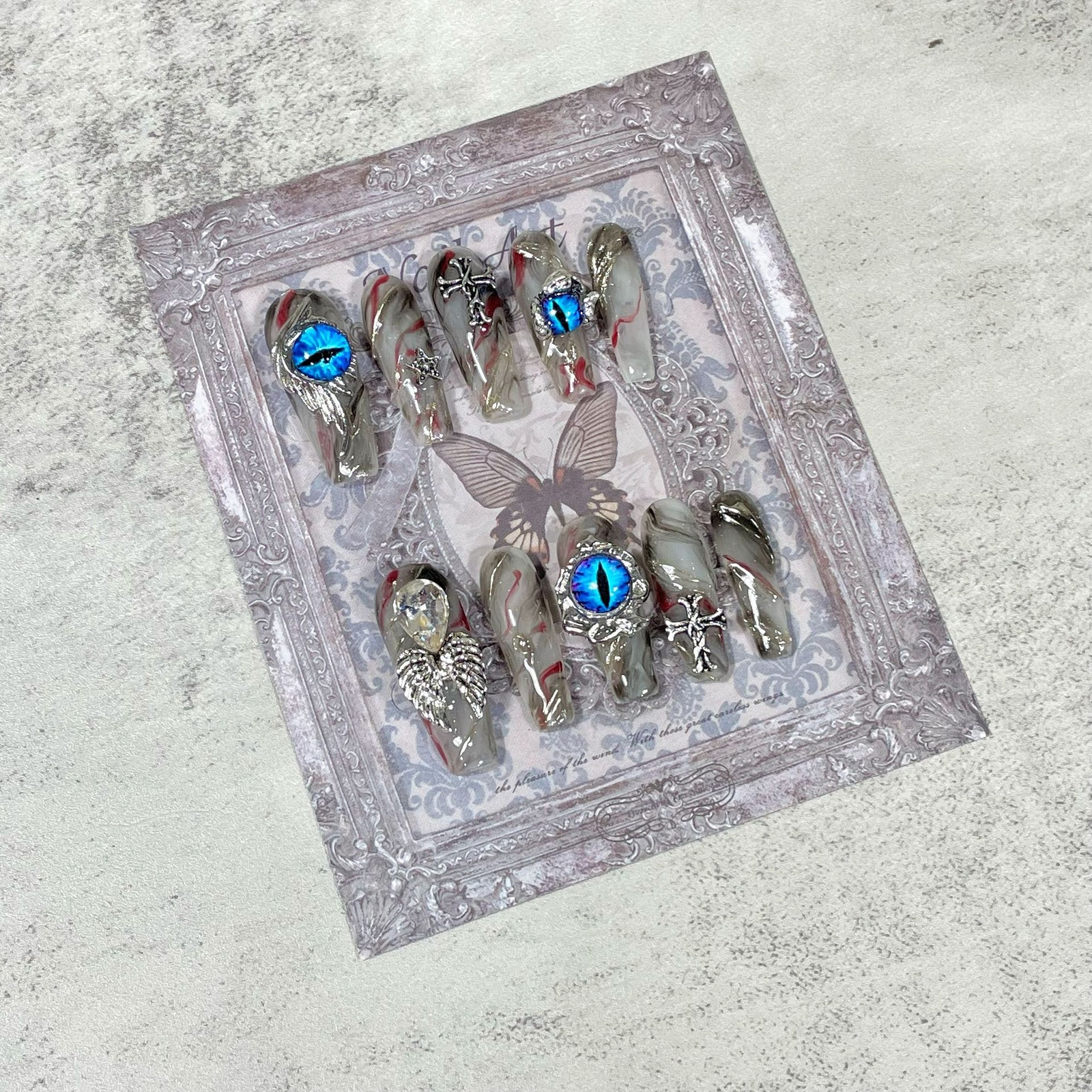 Handcraft Press on Nails Cross Evil Eyes Punk Fake Nail Tips Long Size XS S M