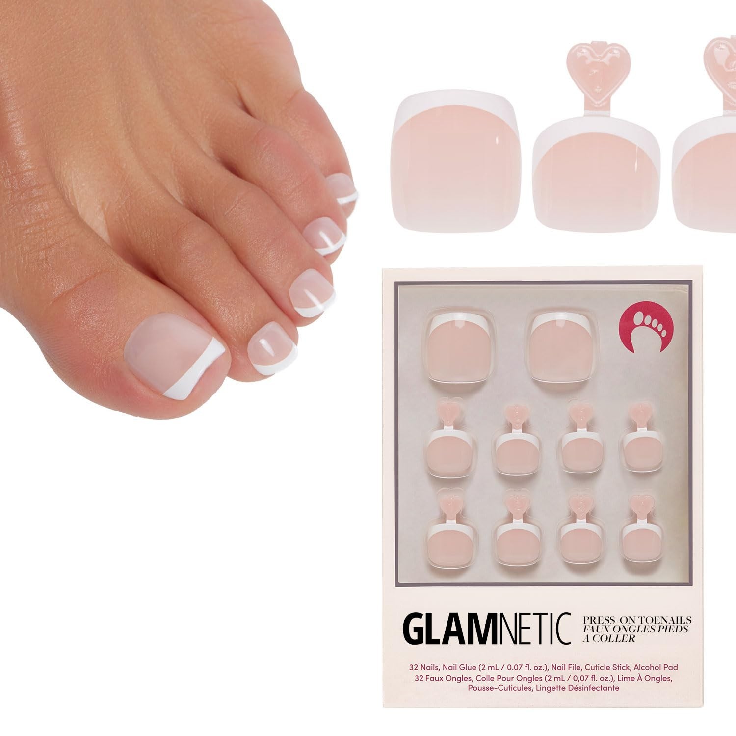 Classic White French Tip Press-On Toenails | 32 Piece Kit with Glue | Glossy Fin