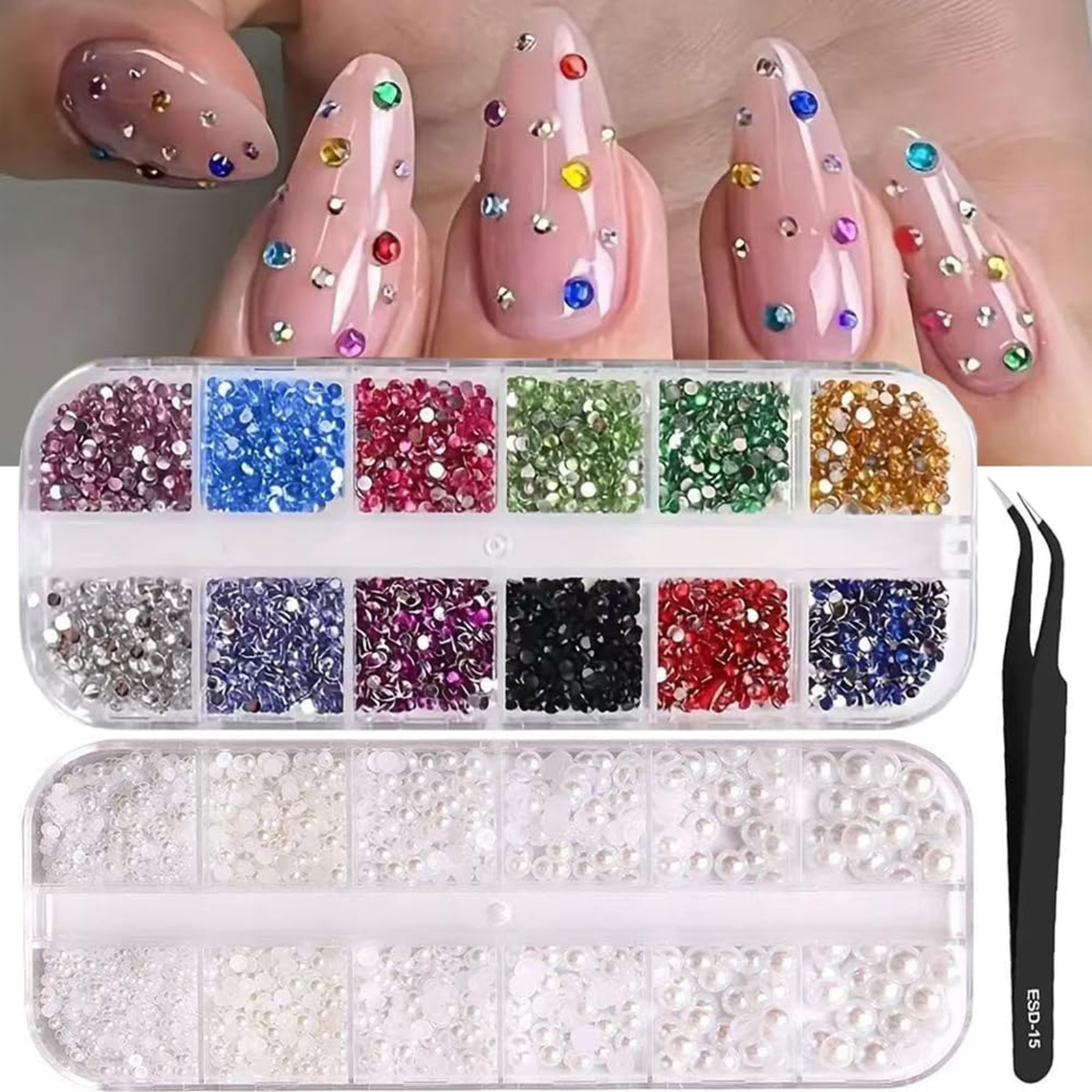 24Grid Colorful Nail Art Rhinestones Pearls Set 3D Flatback Crystals for Acrylic