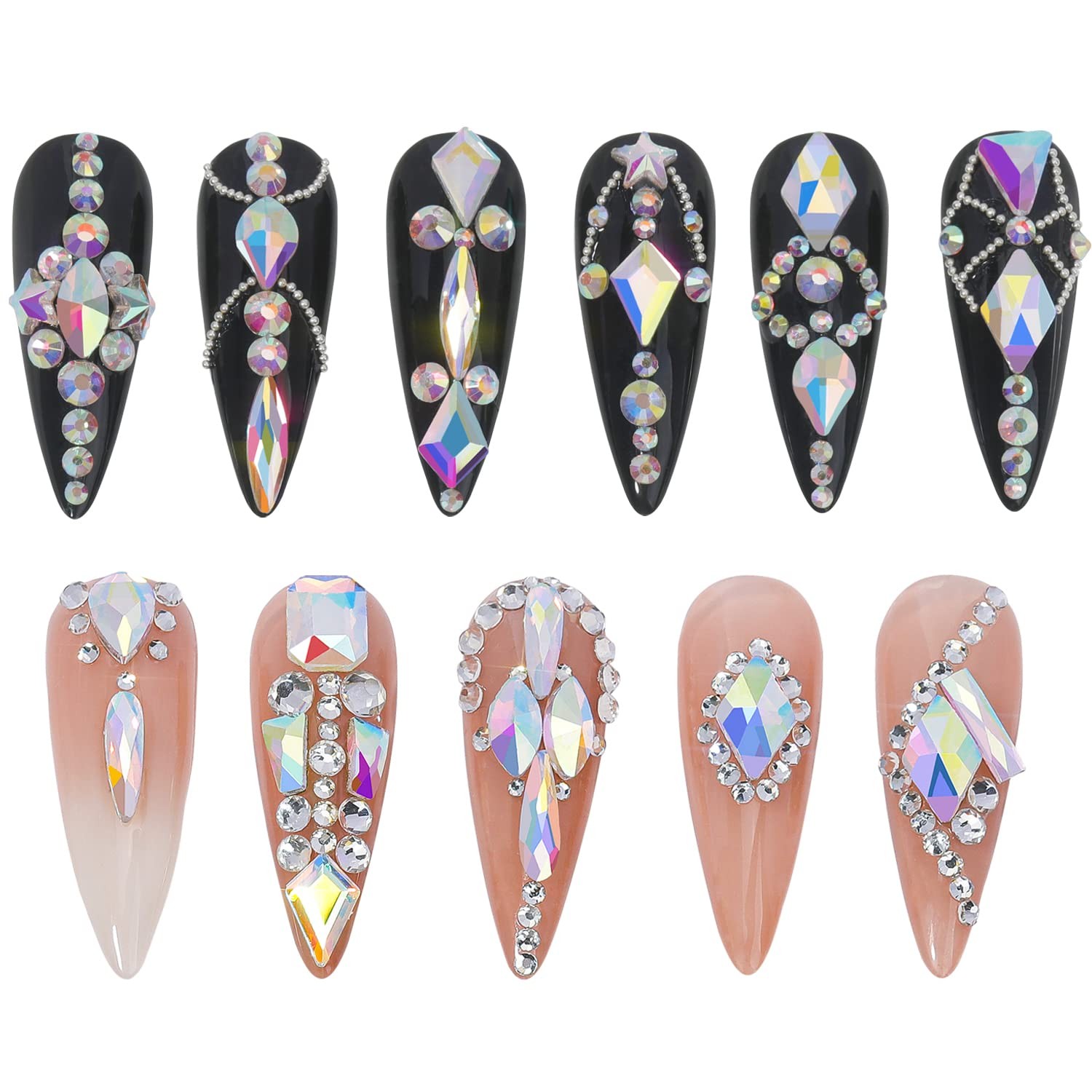 Nail Art Rhinestones Kit 3D Flat Back Glass Crystal Gemstones for Nails