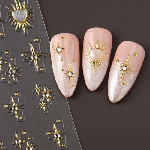 Holographic Gold Star Nail Stickers with 5D Embossed Rhinestones & Laser