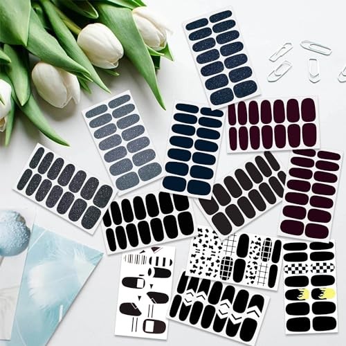 16 Sheets Black Nail Wraps Stick on Nail Polish Strips Gel Nail Black Color