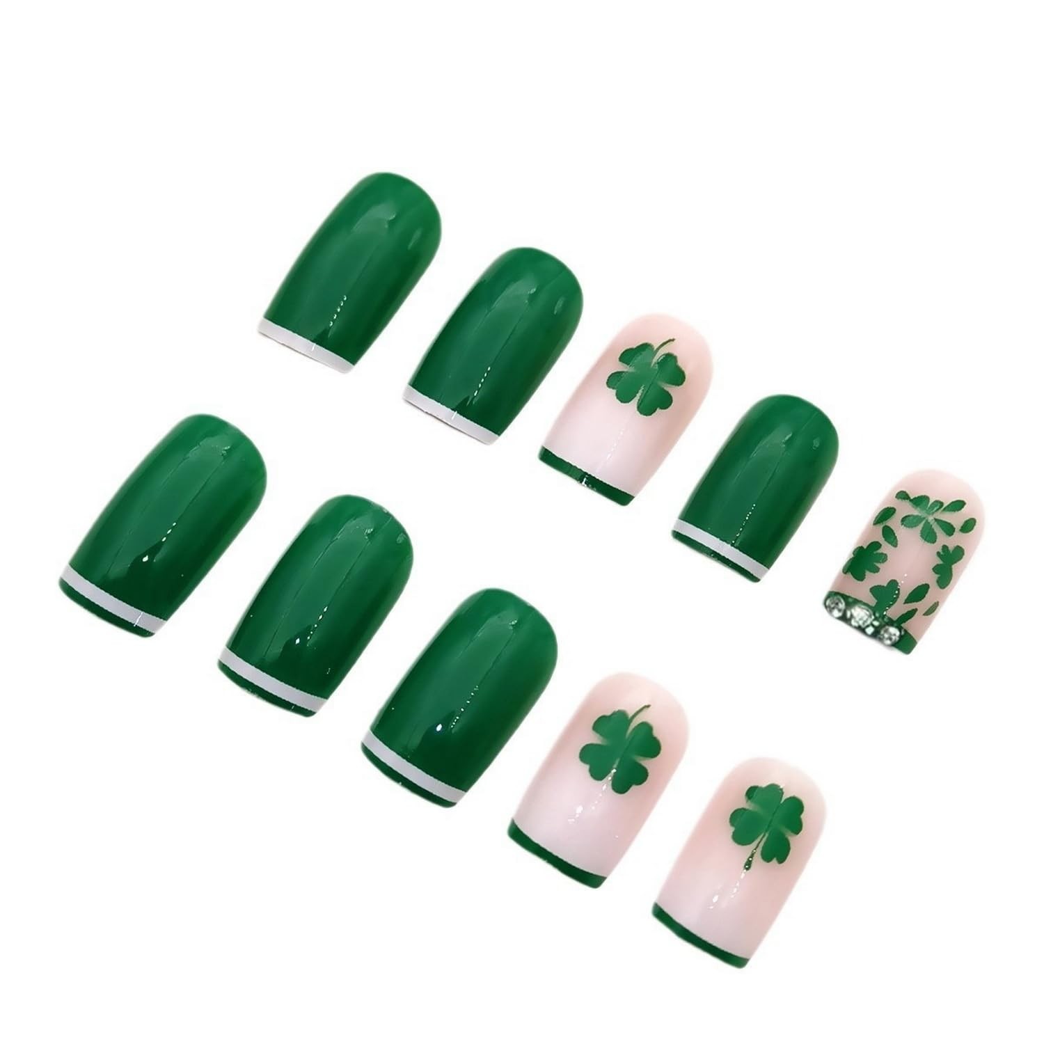 24 Pcs St. Patrick’s Day Press on Nails Green White French Tip Fake Nails Short