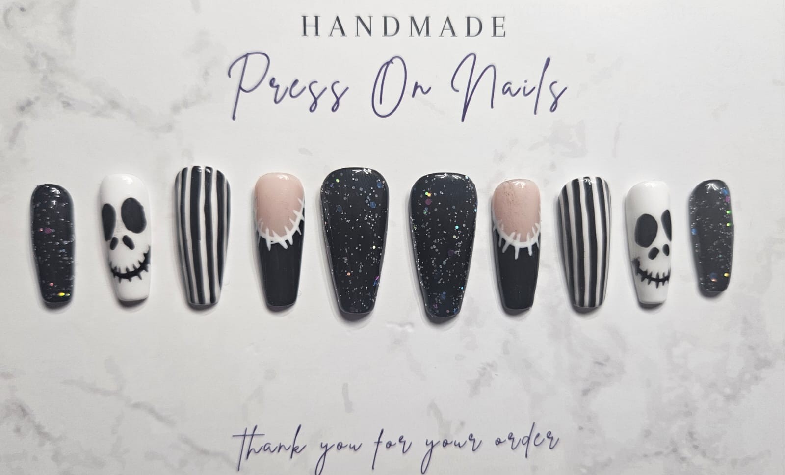 Handmade Gel Press On Nails Long Coffin Jack Skellington Halloween Set Medium