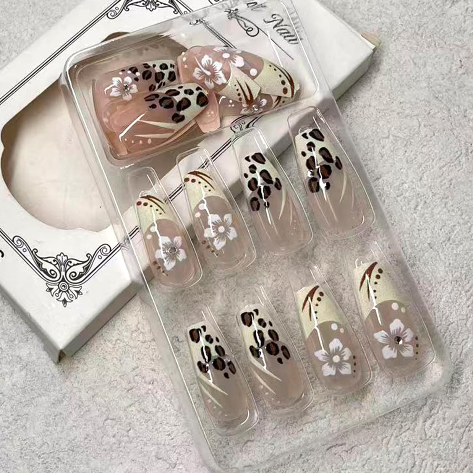 White French Tip Press on Nails Medium Square Fake Nails with Designs Brown L…