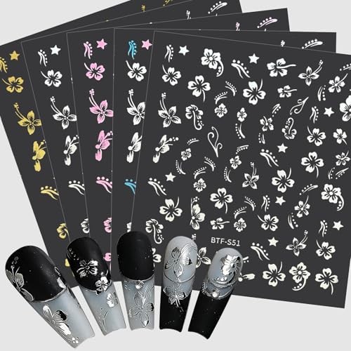 MUIIGOOD Flower Nail Stickers 10 Sheets Hibiscus Nail Decals White Transparent